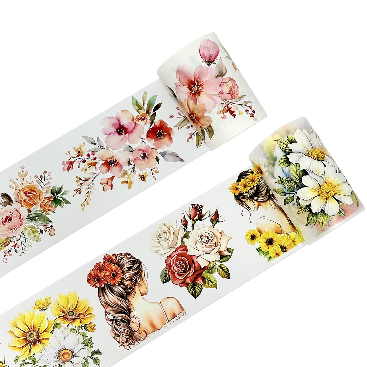 Wrapables Aesthetic Floral Fashion PET Washi Tapes for Scrapbooking, Stationery, Journaling, Diary, Card Making (Set of 2), Yellow and Coral